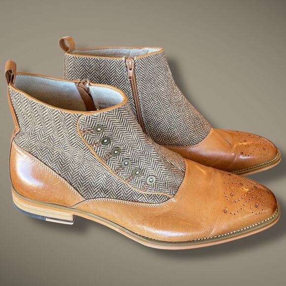 Men's Sz 11 GIOVANNI Edison Light Cognac Brown Leather Tweed Button Spat Boots - Picture 1 of 13